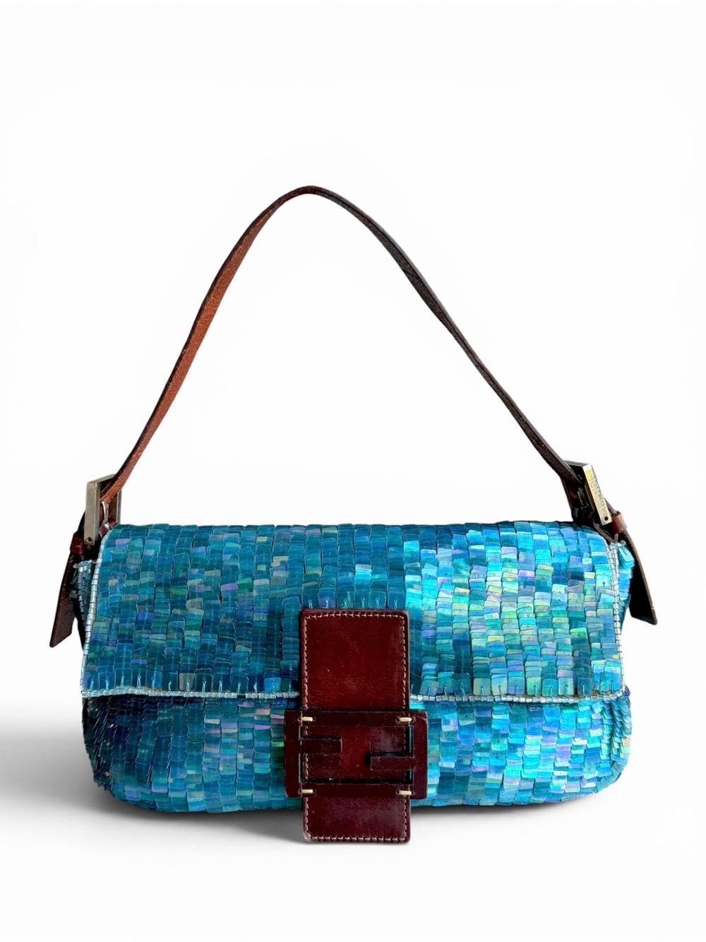 Rare Vintage Fendi Blue Iridescent Sequin Beaded Baguette - Picture 1 of 9